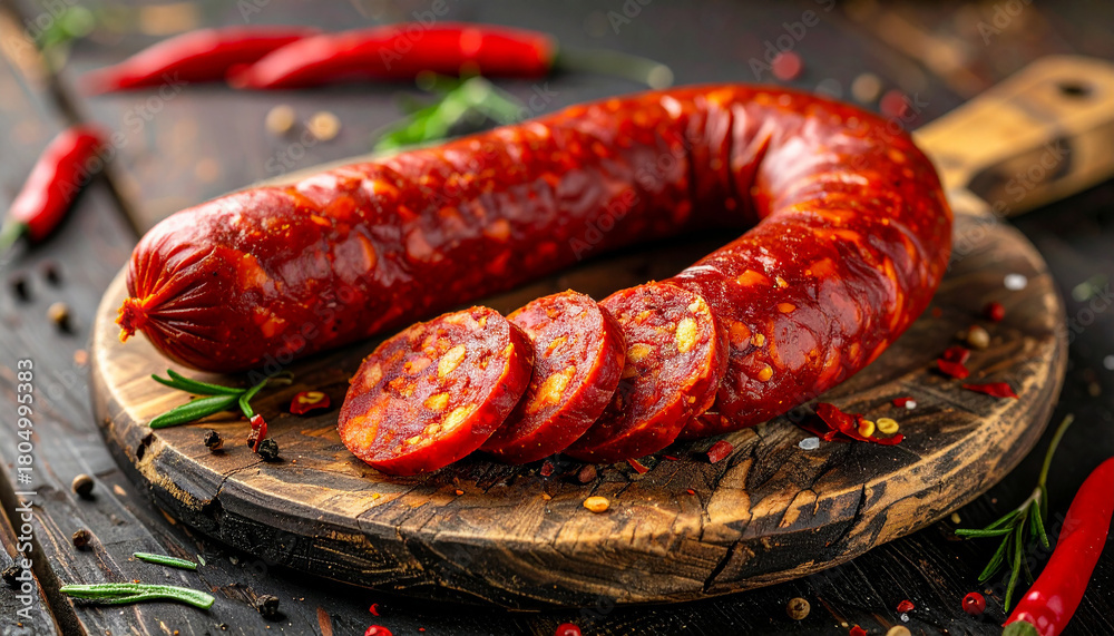 Fototapeta premium Spicy chorizo sausage on rustic wooden board, rich red color, tasty meat food, delicious savory snack