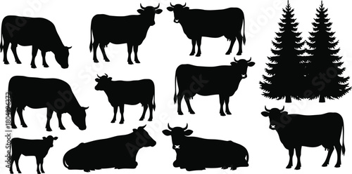 Cow silhouette vector set, farm animal cattle illustration, grazing livestock design, rural agriculture graphic elements with forest trees