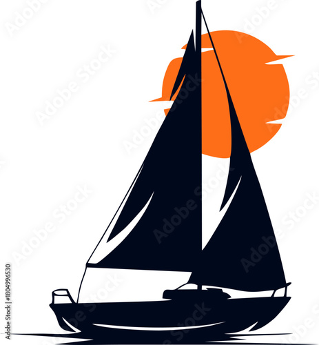 Silhouette Sailboat Against Orange Sunset Vector Illustration