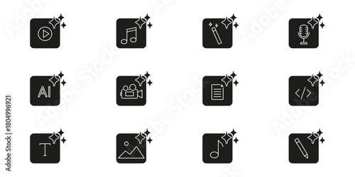 Artificial Intelligence Multimedia Icons. AI, Camera, Music, Wand, Microphone, Document, Code, Text, Image and Play Solid Icon Set. Content Generator Symbol Collection. Isolated Vector Illustration