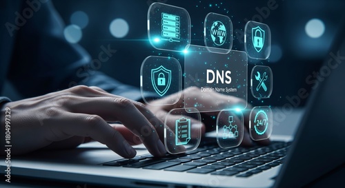 DNS Holographic Interface Over Laptop — Domain Name System Panel with Security Shield
