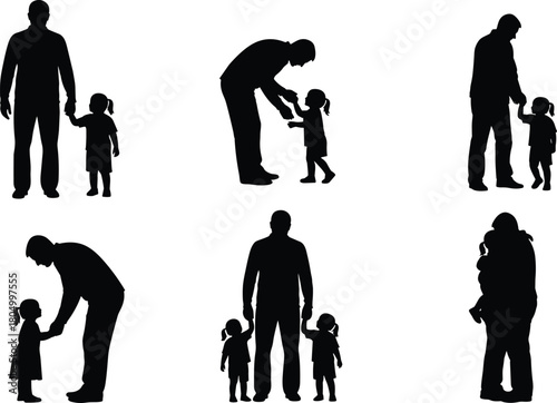 Father and children silhouette set, family love bonding vector, parent holding hands with kids, caring dad, parenting illustration art