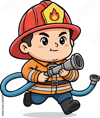 Cute Firefighter Boy Running with Hose Nozzle
