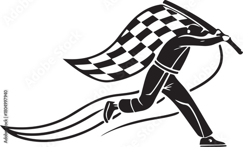 Checkered flags silhouette. Rider with race flag. Car race flag, automotive graphics. Black and white checkered sport racing flag silhouette vector illustration