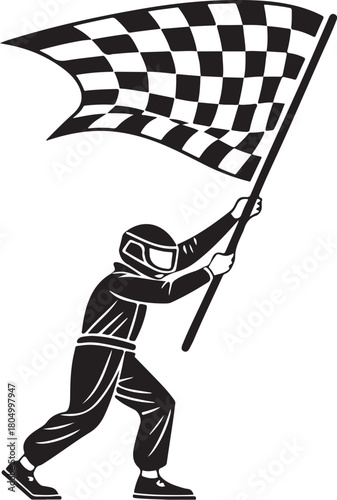 Checkered flags silhouette. Rider with race flag. Car race flag, automotive graphics. Black and white checkered sport racing flag silhouette vector illustration