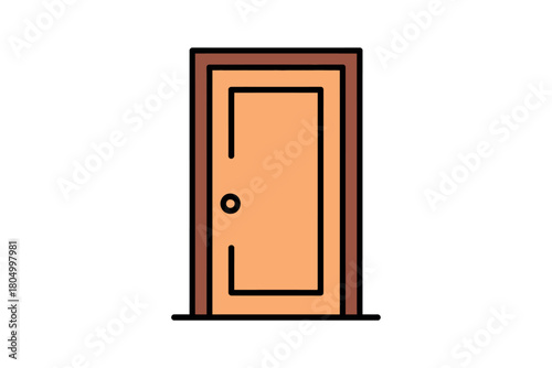 An interior wooden door with a simple knob stands against a plain white background.