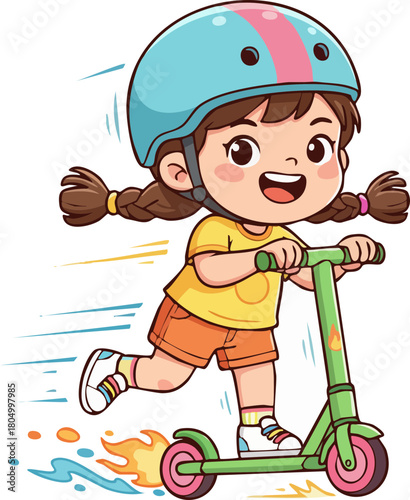 Happy little girl wearing helmet enjoys riding her scooter outdoors.