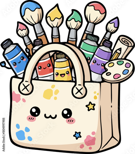 Cute Kawaii Art Supplies Bag with Paint and Brushes for Creative Fun