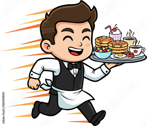 Happy Cartoon Waiter Running Fast with Delicious Breakfast Tray