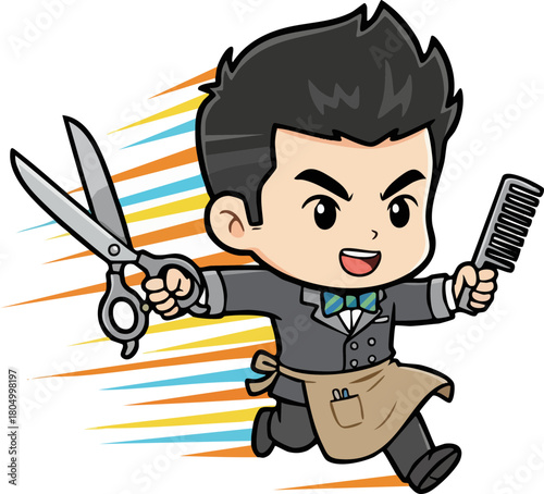 Energetic Barber Character Running with Scissors and Comb