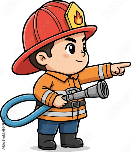 Cute cartoon firefighter boy holding a hose and pointing, ready for action