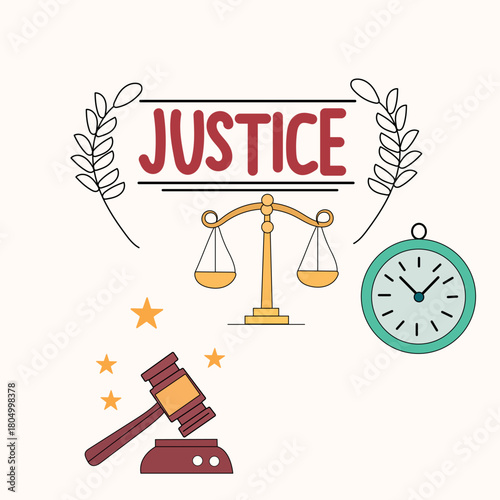 Justice law illustration with scales gavel stars stopwatch vector