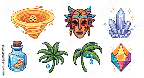 Collection of fantasy adventure game assets in a pixel art style, featuring a tribal mask, magic crystals, a message in a bottle, a palm tree, and a cute tornado character