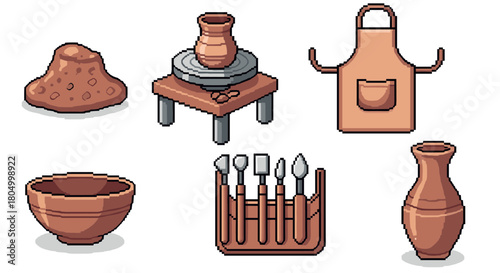 Charming pixel art illustration of various pottery and ceramic crafting items, including a potter's wheel, clay, tools, an apron, a bowl, and a vase, isolated