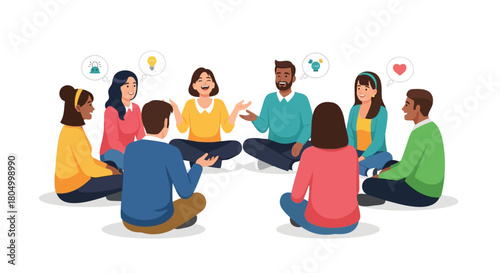 Diverse group of people sitting in a circle sharing ideas and positive emotions during a collaborative discussion