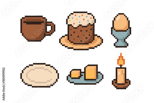 Charming pixel art set of festive meal icons, including a traditional iced cake, boiled egg, butter, a mug, and a lit candle, isolated for a retro video game aesthetic