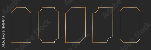 Thin golden frame set in art deco style. Vintage gold borders. Linear shining rectangle shape. Brass glowing shiny boarder element pack for photocard. Vector illustration isolated on black background.