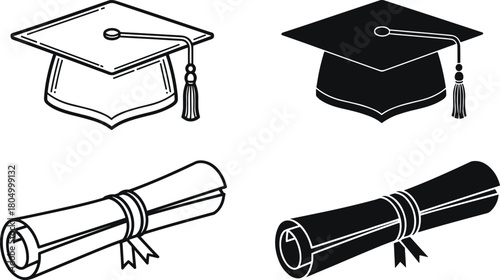 Graduation cap and diploma scroll vector illustration, academic education symbol, university achievement icon, ceremonial graduation elements design