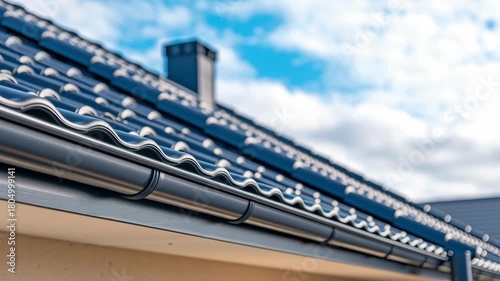 Modern roof metal tile blue gutter drainage system house exterior residential architecture weatherproof shiny finish clean lines sky view