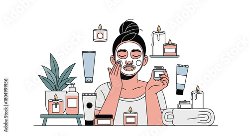 Woman applying a facial mask surrounded by skincare products and candles for a relaxing spa experience at home