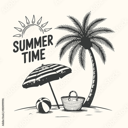 Summer Beach Scene with Palm Tree, Umbrella, and Ball vacation holiday