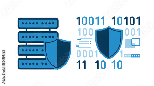 Data server with shield and binary code flat vector illustration for cybersecurity data protection and network security concept isolated on white background