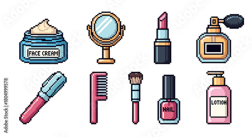 Collection of retro pixel art icons featuring various beauty products and cosmetic items like lipstick, perfume, and face cream, isolated