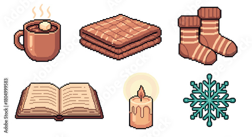 Cozy winter collection of pixel art icons featuring a steaming mug, a warm blanket, socks, an open book, a lit candle, and a snowflake isolated