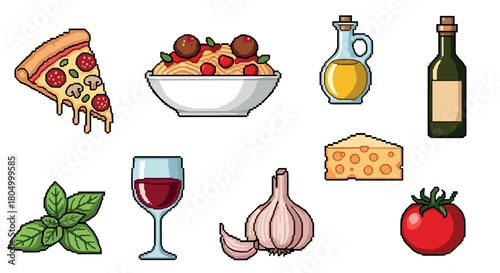Collection of classic Italian food and ingredients including pizza, pasta, and wine, illustrated in a fun retro 8-bit pixel art style isolated