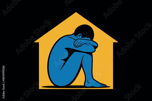 A solitary, blue-skinned figure curls into a fetal position within the confines of a stylized yellow house, symbolizing isolation and emotional distress.