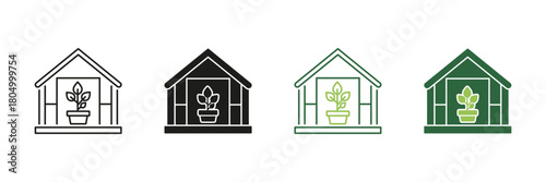 Greenhouse With Potted Plant Line And Solid Icon Set. Indoor Gardening, Plant Cultivation, And Sustainable Agriculture Symbol Collection. Eco-Friendly Horticulture. Isolated Vector Illustration