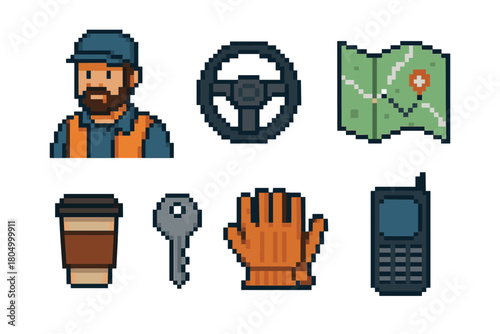 Retro 8-bit pixel art set of professional driver icons with a worker, steering wheel, navigation map, coffee cup, key, glove, and mobile phone isolated