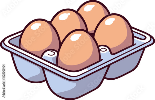 Cartoon Illustration of Six Fresh Brown Eggs in Carton