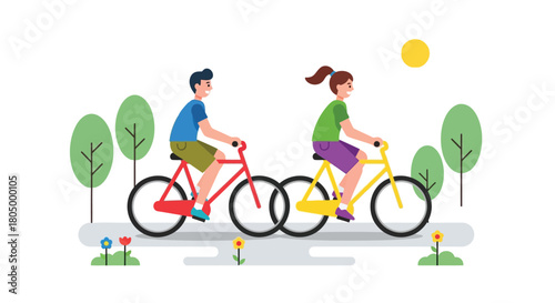 Joyful couple cycling together through a sunny park amidst lush green trees and colorful flowers