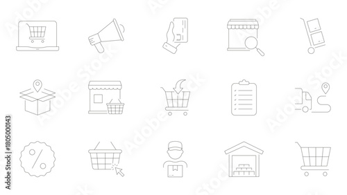 E-Commerce And Retail Line Icon Set. Online Shopping, Marketing, Payment, And Delivery Outline Symbol Collection. Digital Marketplace And Logistics. Editable Stroke. Isolated Vector Illustration