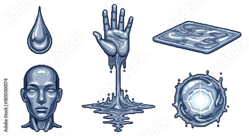 Sci-fi pixel art collection of liquid metal objects, including a humanoid head, a hand emerging from a puddle, and various splashes, isolated