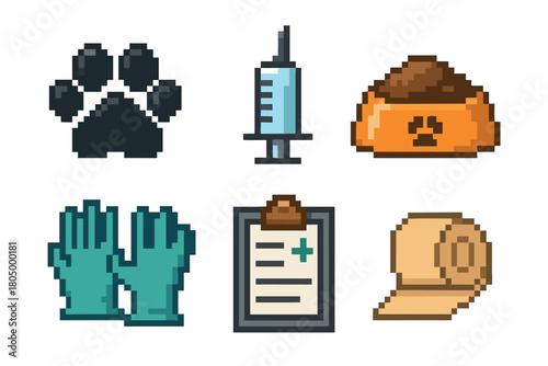 Set of pixel art icons representing veterinary medicine and pet care, including a paw print, syringe, food bowl, gloves, medical chart, and bandage, isolated