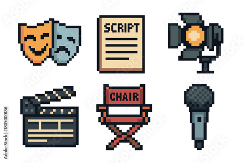 Collection of colorful pixel art icons representing filmmaking and theater equipment, including a script, director's chair, clapperboard, and stage light, in a retro 8-bit style