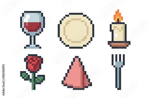Set of six pixelated icons for a romantic dinner, including wine, a rose, and a candle, designed in a classic 8-bit video game art style