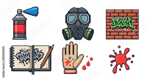 Pixel art icon set of graffiti and street art culture elements, including a spray can, respirator mask, tagged brick wall, and artist sketchbook, isolated in a retro 8-bit style