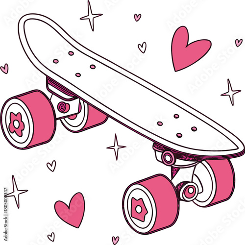 Outline illustration of skateboard with hearts and stars - 60