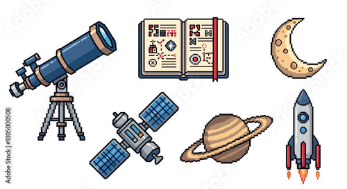Collection of pixel art icons featuring a telescope, rocket, planet, moon, satellite, and astronomy book, isolated for a retro video game aesthetic