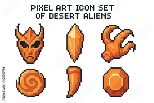 Set of 8-bit pixel art game assets representing desert alien artifacts, including a monster claw, a horned mask, a crystal shard, and a gem, for a retro sci-fi fantasy RPG