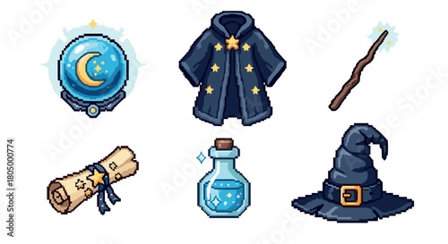 Charming collection of magical wizard items in a retro pixel art style, featuring a crystal ball, starry robe, wand, spell scroll, potion, and pointed hat isolated on white
