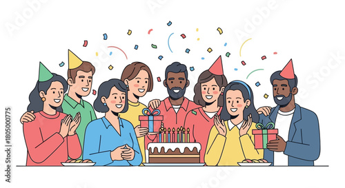 Diverse group of friends and colleagues celebrating a birthday with cake gifts and confetti