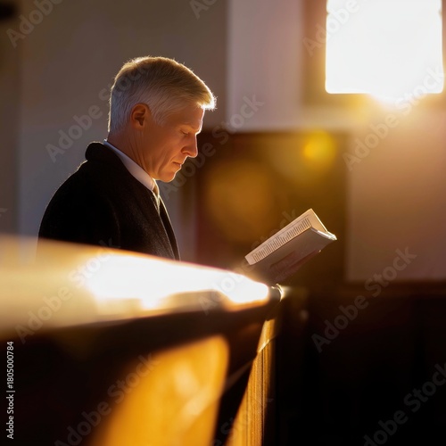 Elderly Man Reading Bible in Pew