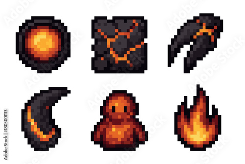 Collection of retro 8-bit video game assets with a fire and lava theme, including a golem, flame, magic orb, and cracked rock icons for a fantasy or RPG user interface