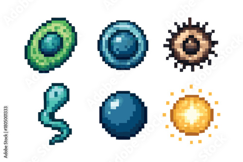 Collection of pixel art icons representing various biological cells, including a spermatozoon, ovum, and virus, isolated for a retro video game or science concept