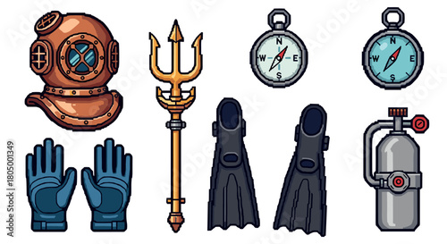 Set of retro 8-bit pixel art illustrations for a diving adventure, including a copper helmet, trident, compass, scuba tank, and other underwater gear on a clean background