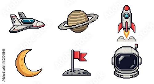 Collection of retro pixel art space exploration icons featuring a rocket, astronaut helmet, ringed planet, shuttle, moon, and flag, designed in a classic 8-bit video game style